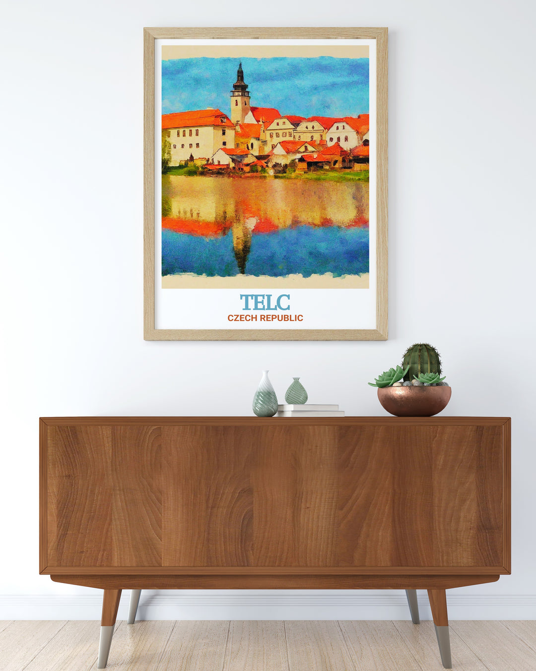 Discover the picturesque beauty of Telč with this vintage style poster featuring Telč Castle. The artwork reflects the towns historic charm and architectural elegance, offering a perfect blend of history and art for your home or office