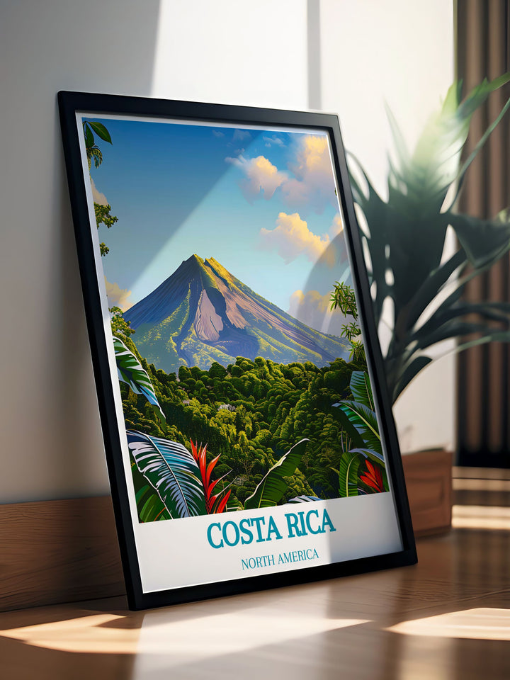 Unique artwork of Costa Rica featuring Arenal Volcano and Saint Teresa, perfect for personalized gifts or home decor. This print captures the essence of Costa Ricas most scenic and cultural locations.