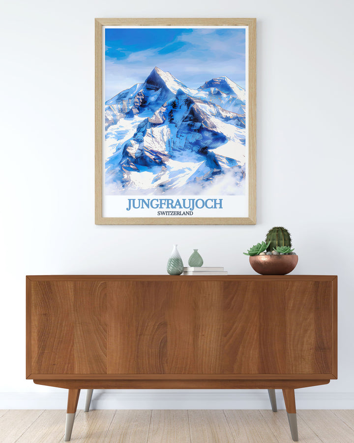 This travel poster of Jungfraujoch in Switzerland captures the breathtaking views from the highest railway station in Europe, set against the stunning Bernese Alps. The detailed illustration highlights the peaks and the railway journey, making it ideal for travel enthusiasts and home decor.