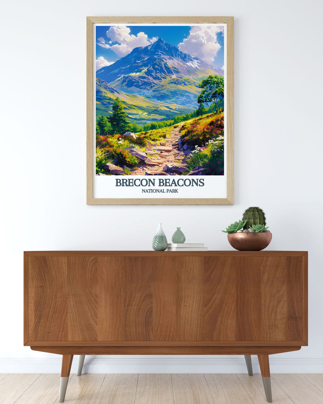 National Park print of Brecon Beacons featuring the iconic Pen Y Fan and Corn Du. The vintage travel poster style adds a timeless touch to your decor celebrating the beauty of Wales