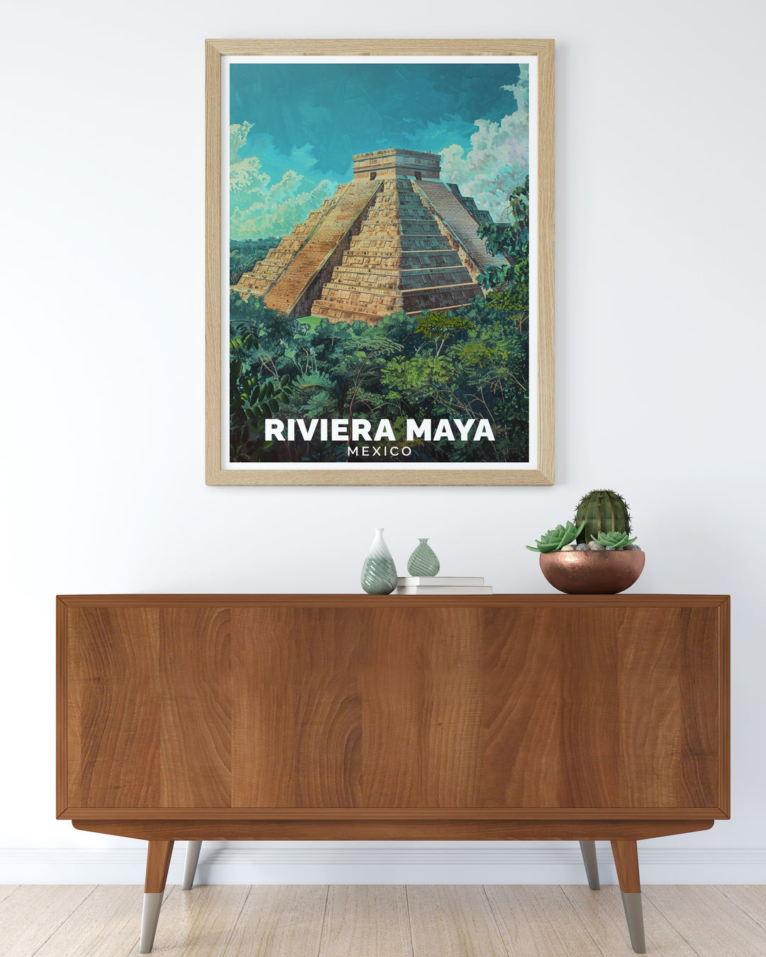 A beautiful poster print that highlights the Riviera Mayas beaches alongside Chichén Itzás ancient structures, this travel art brings Mexicos rich history and coastal beauty to any home or office.