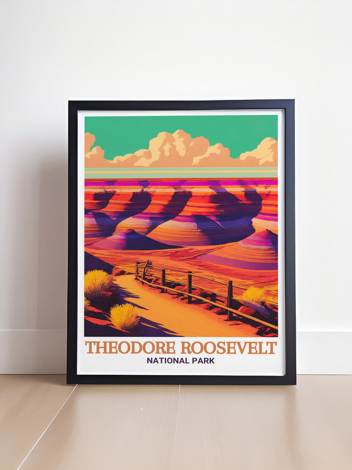 Painted Canyon Overlook framed prints offer a beautiful representation of Theodore Roosevelt National Park making them an ideal National Park Gift for nature lovers and adventurers who want to celebrate the natural beauty of Americas protected landscapes.