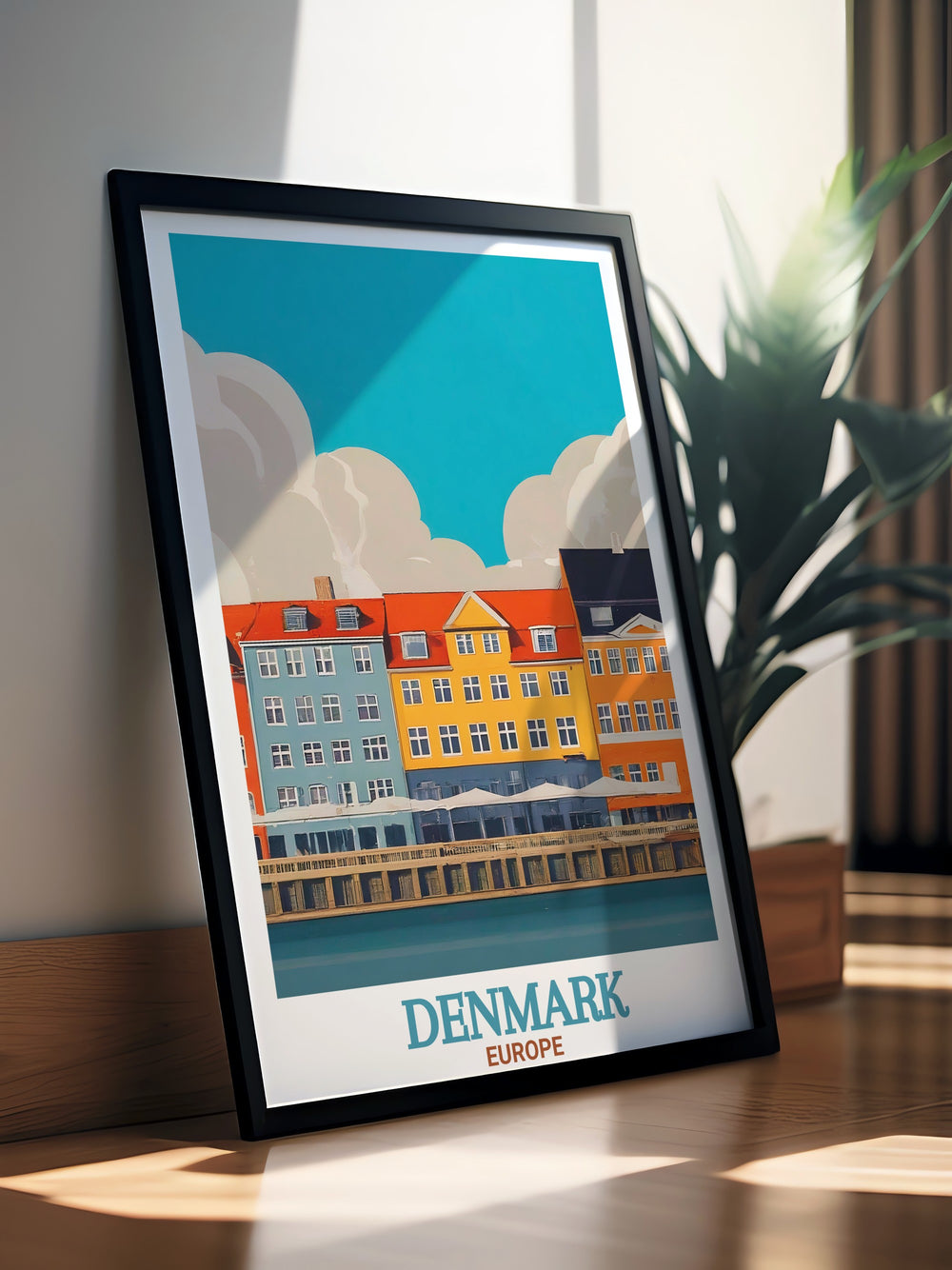 Framed print of Ruskin Park London featuring the iconic park bandstand with a beautiful depiction of Nyhavn in Copenhagen offering a perfect blend of serene green spaces and colorful waterfront scenes for any living room or modern home decor