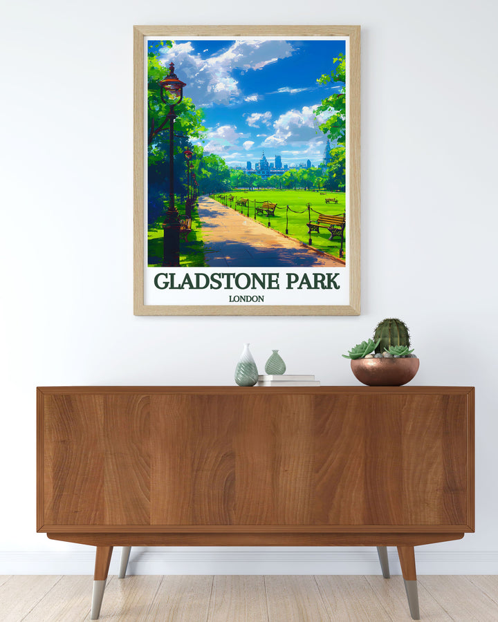 Canvas art depicting the well manicured gardens and scenic views of Gladstone Park in Brent, London, ideal for nature lovers and fans of London parks.