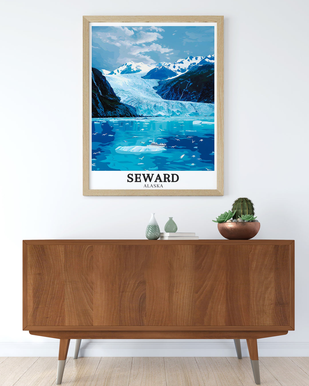 Elegant Alaska wall art showcasing the awe inspiring views of Kenai Fjords National Park and the vast Harding Icefield. This detailed artwork captures the essence of Alaskas untamed landscapes, making it an ideal piece for any nature inspired decor