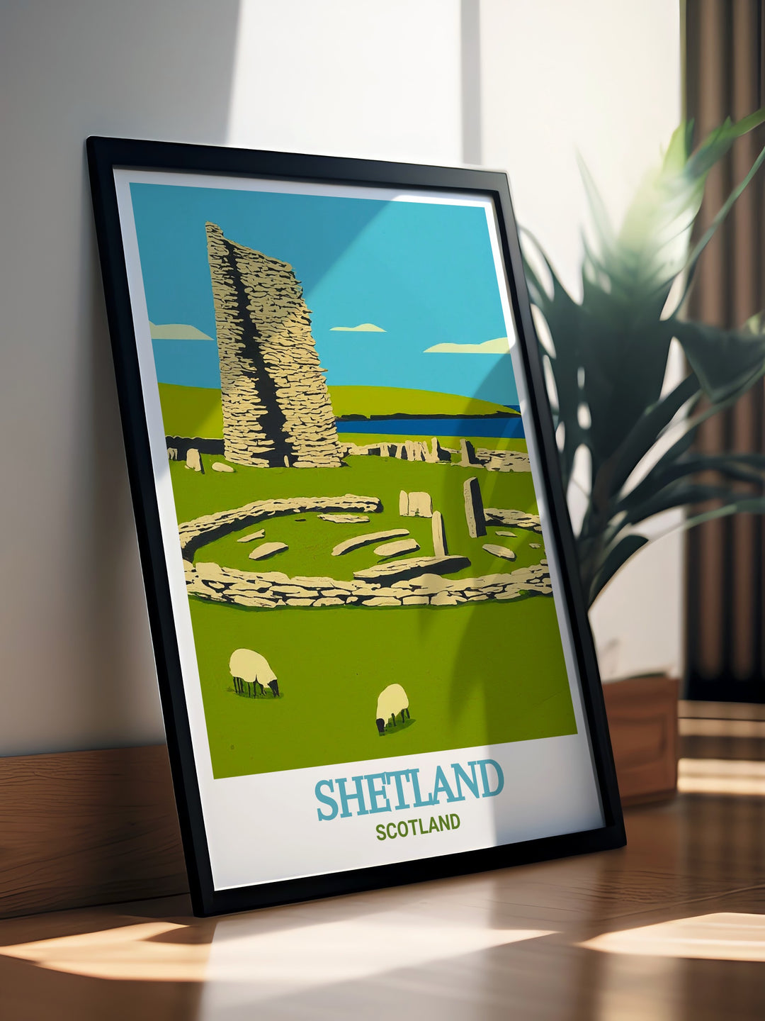 Wall Poster of Shetlands Jarlshof Settlement, featuring a detailed depiction of the ancient ruins set against Scotlands dramatic coastline. The artwork brings the beauty and history of Shetland into your home, making it an excellent choice for those who love Scottish culture and history.