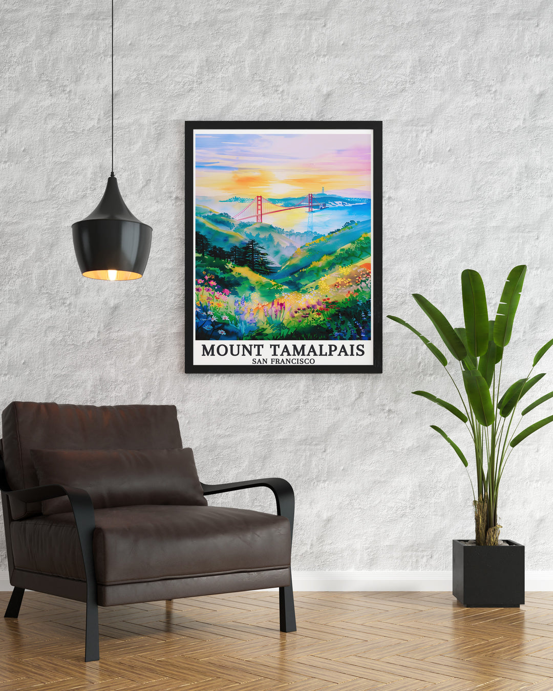 Beautiful California artwork showcasing Mount Tamalpais with views of the Pacific Ocean and Golden Gate Bridge. This print is a great addition to any living room or office space and makes a thoughtful gift for lovers of California travel and art.