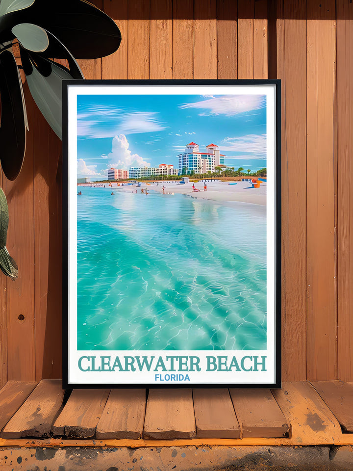 Clearwater Beach wall art featuring a breathtaking view of the beach and ocean. Ideal for enhancing your living room or bedroom decor. This elegant Florida travel art print is a great gift for those who love Clearwater Beach and its serene beauty.