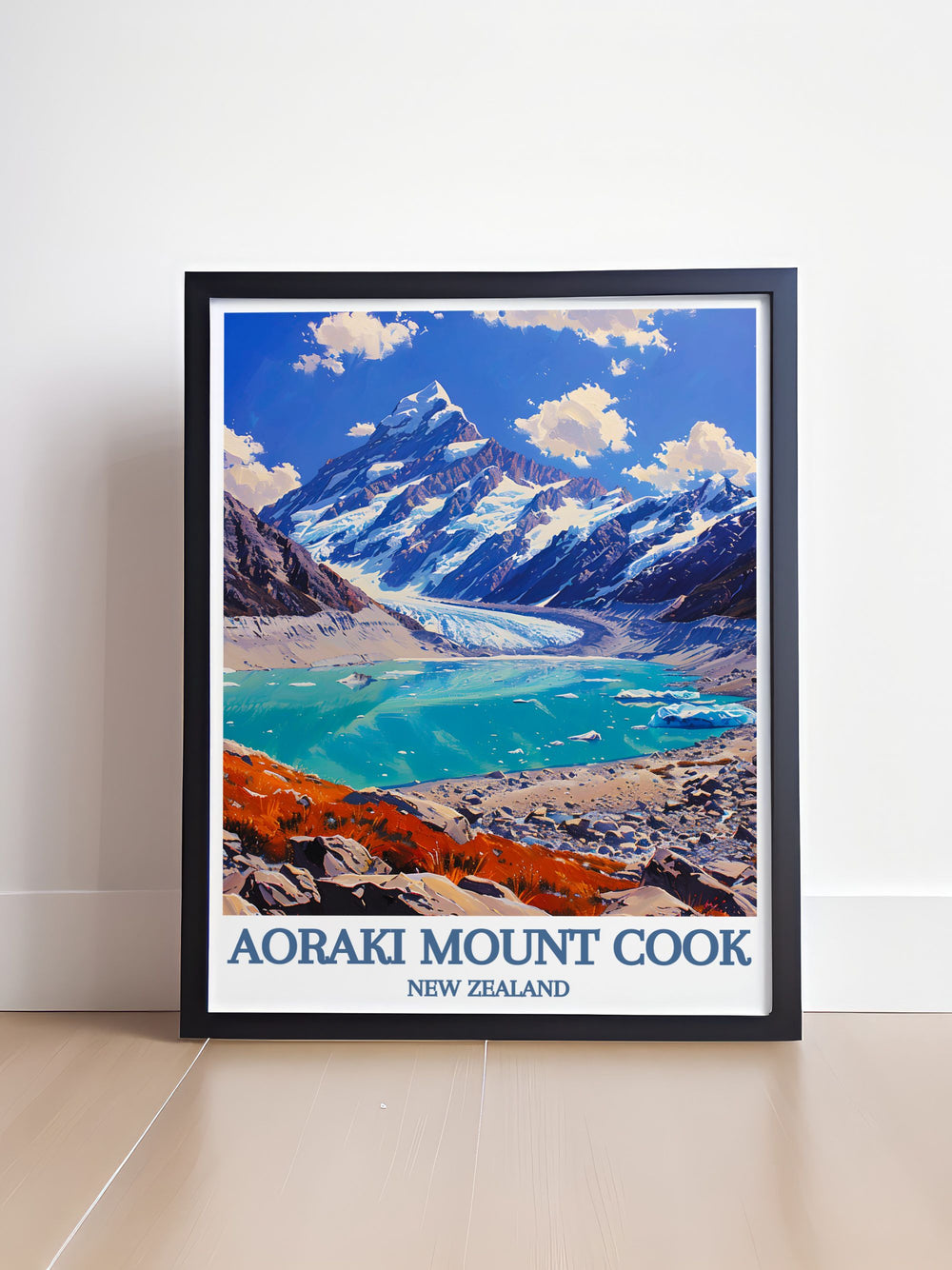 Modern print of Aoraki Mount Cook rising above the calm waters of Lake Pukaki, captured in a contemporary style that highlights the peaks majestic presence.