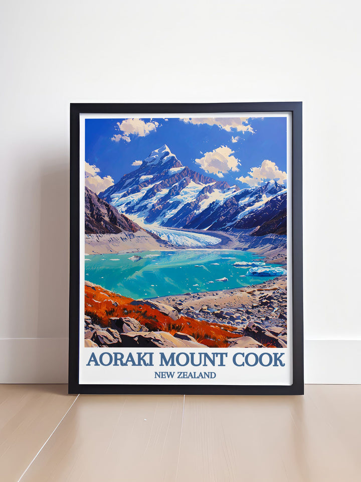 Modern print of Aoraki Mount Cook rising above the calm waters of Lake Pukaki, captured in a contemporary style that highlights the peaks majestic presence.
