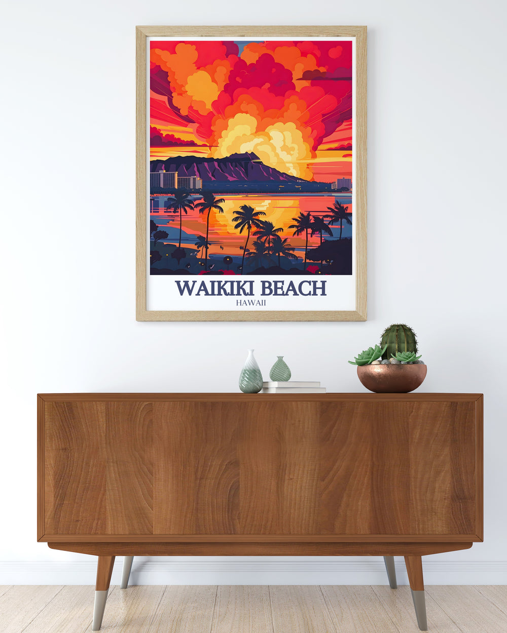 Waikiki Beach Illustration offers a vibrant and colorful depiction of Hawaiis most famous coastline. This artwork brings the tropical colors and relaxing atmosphere of Waikiki into your home, perfect for beach lovers and travel enthusiasts.