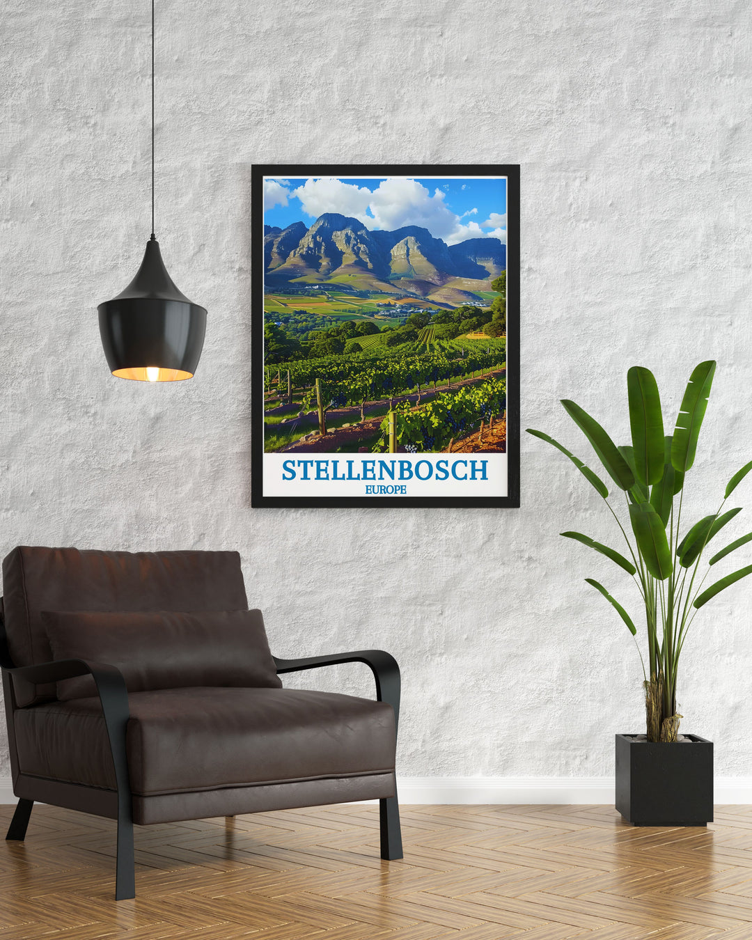 Immerse yourself in the winemaking heritage of Stellenbosch with this travel poster, highlighting the picturesque wine estates and scenic views.