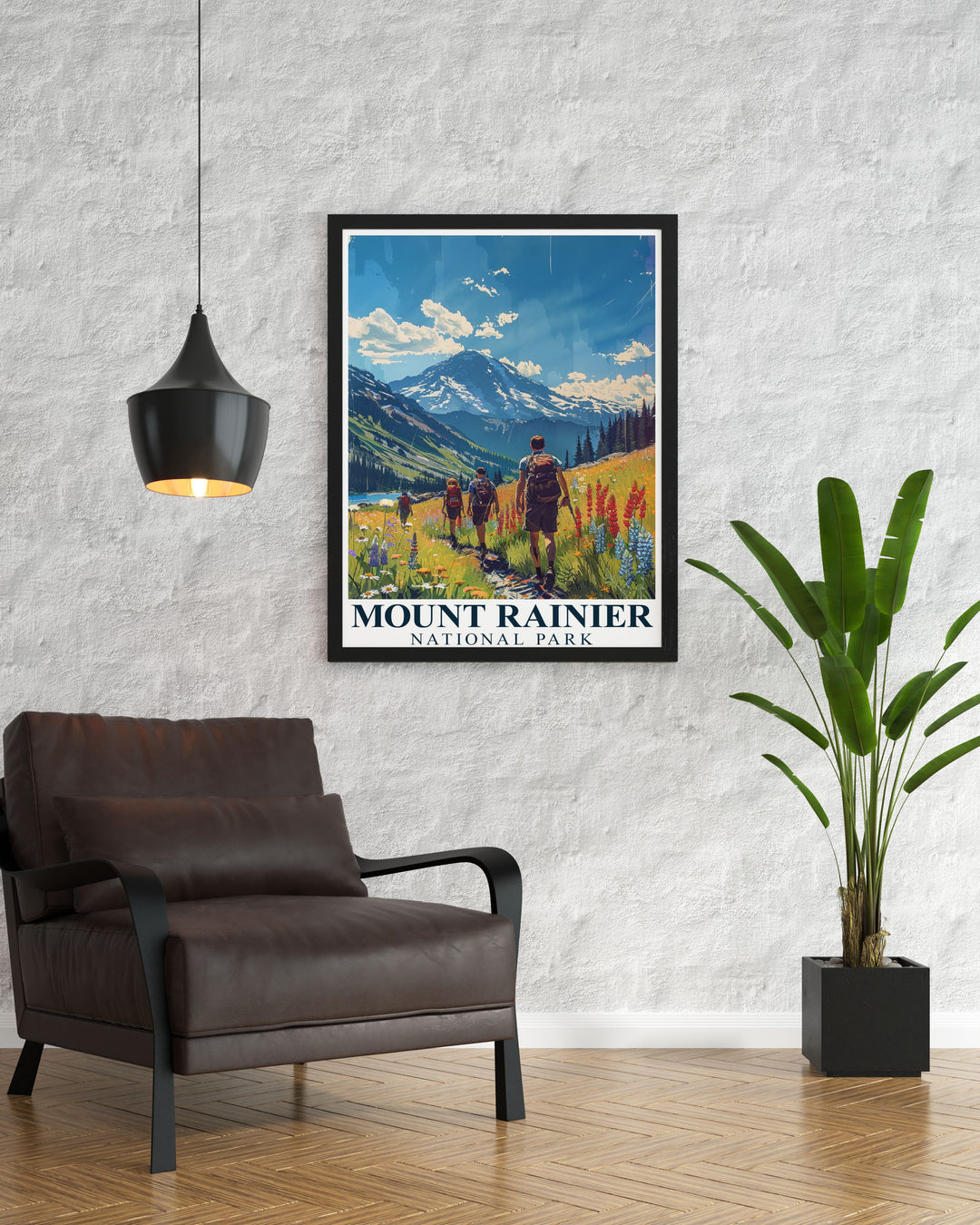 Retro travel poster of Mount Rainier part of our vintage travel prints collection showcasing the beauty of the Cascade Range and the iconic peak perfect for bucket list prints and thoughtful gifts featuring Paradise Meadows