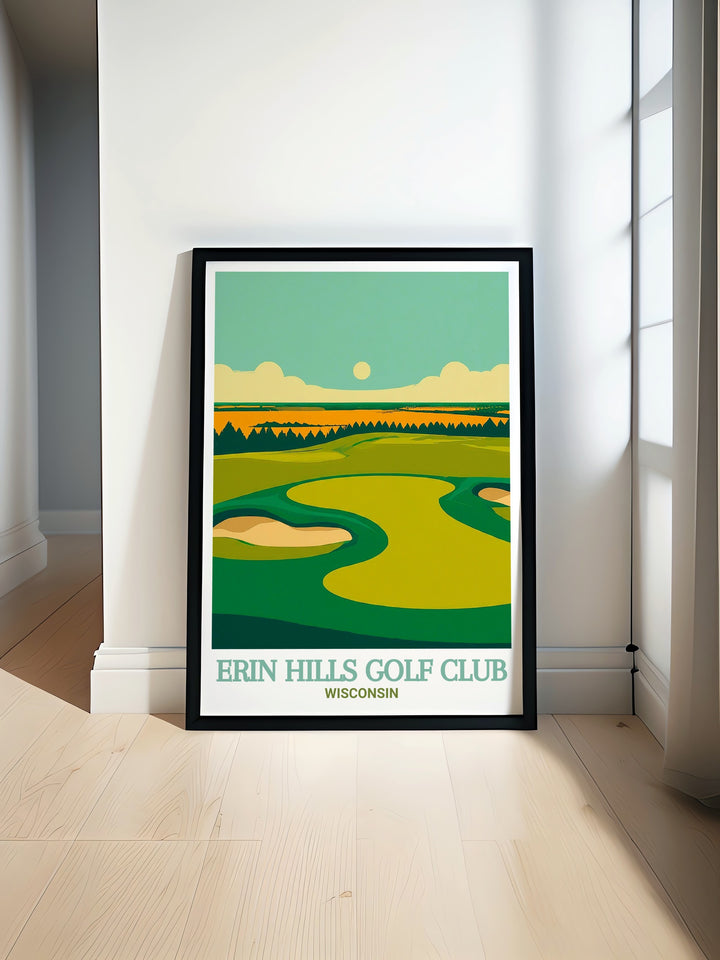 A detailed poster of Erin Hills Golf Club, showcasing the beauty of the courses fairways and the surrounding natural environment. This print is a great addition to any golf themed room, bringing the elegance and challenge of Erin Hills into your decor.