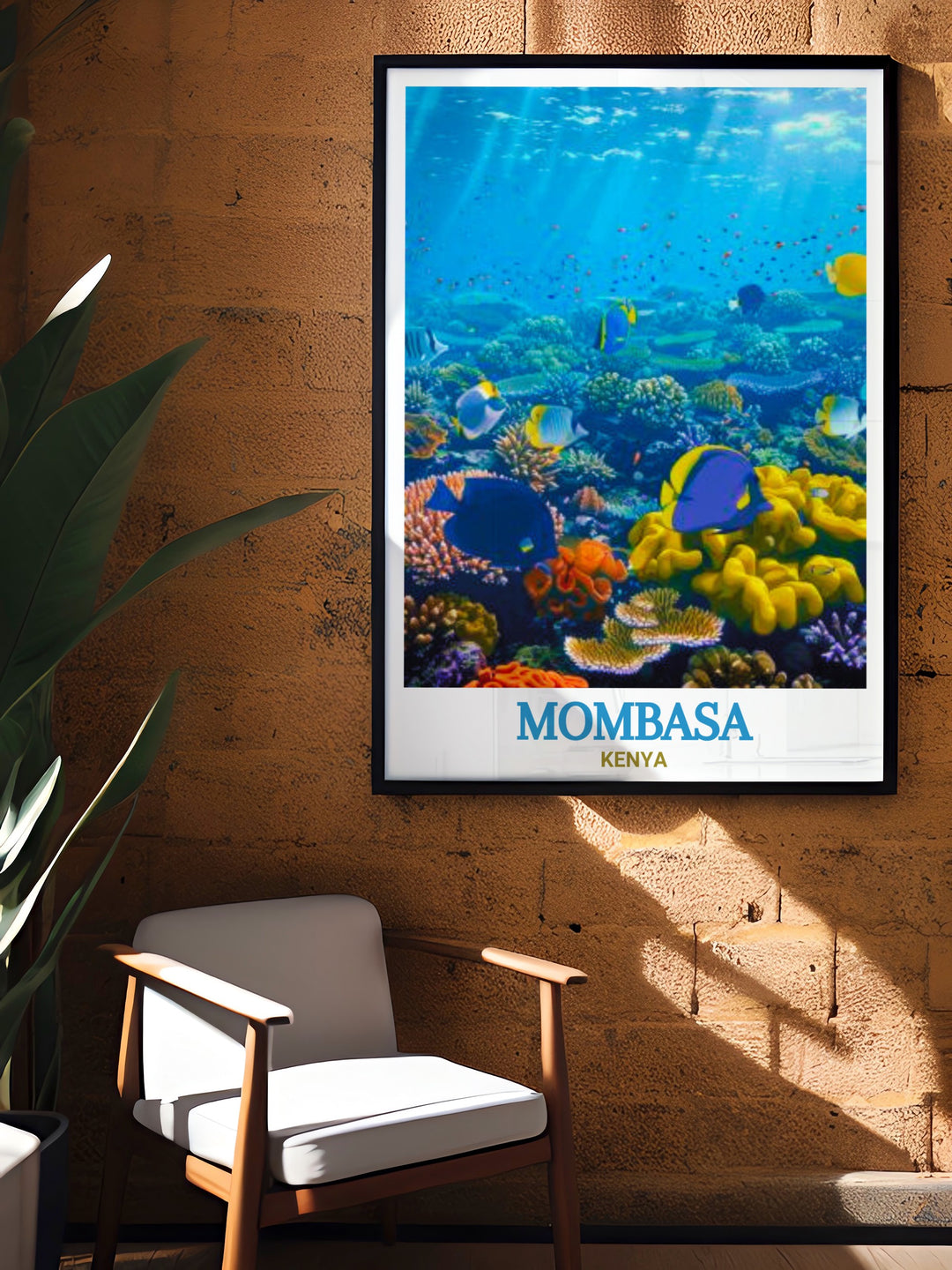 This Mombasa Poster Print showcases the stunning underwater world of Mombasa Marine National Park in Kenya, featuring coral reefs and marine life. Its perfect for adding a touch of Kenyas natural beauty to your home.