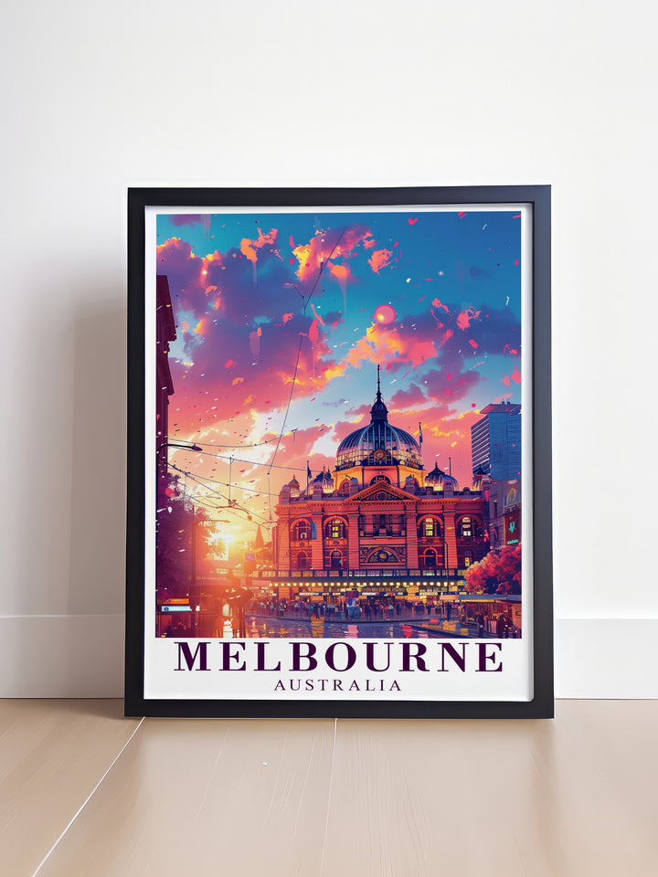 This Melbourne Travel Poster highlights the stunning architecture of Flinders Street Station, one of the citys most famous landmarks. Perfect for urban art enthusiasts and travelers, this print adds a dynamic touch to any room.