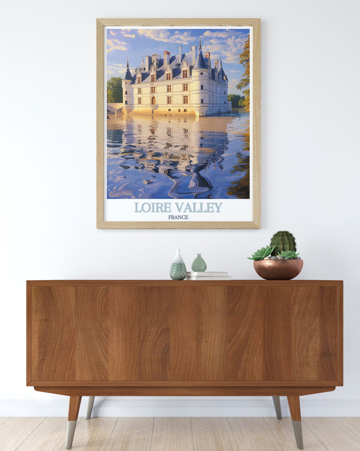 Chateau de Azay le Rideau stands proudly in this Loire Valley art print a perfect way to celebrate the charm of France. This travel print is ideal for those looking to create stunning living room decor with a touch of elegance and historical significance.