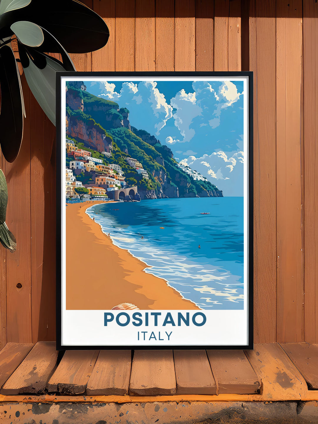 Positano print featuring the stunning Spiaggia Grande beach scene ideal for wall decor that exudes the charm of the Amalfi Coast and adds a serene and artistic touch to any room in your home with Italian cultural highlights