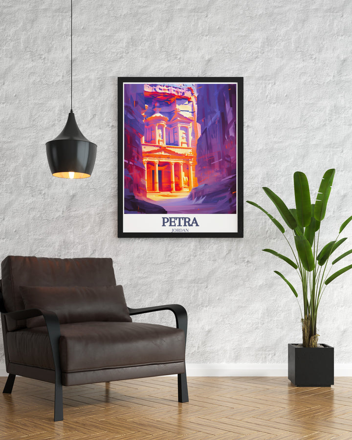 The Siq Travel Print highlighting the narrow passage that leads to the stunning façade of The Treasury. This canvas art captures the mystery and beauty of Petra, making it a perfect addition for those who appreciate ancient history and adventure.