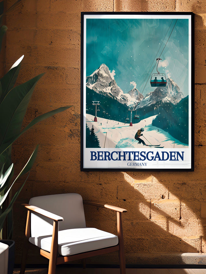 Our Jennerbahn travel print captures the stunning slopes of the ski area set against the backdrop of the Berchtesgaden Alps. Ideal for winter sports enthusiasts and mountain lovers, this canvas art brings the beauty of Germanys alpine region to your home.