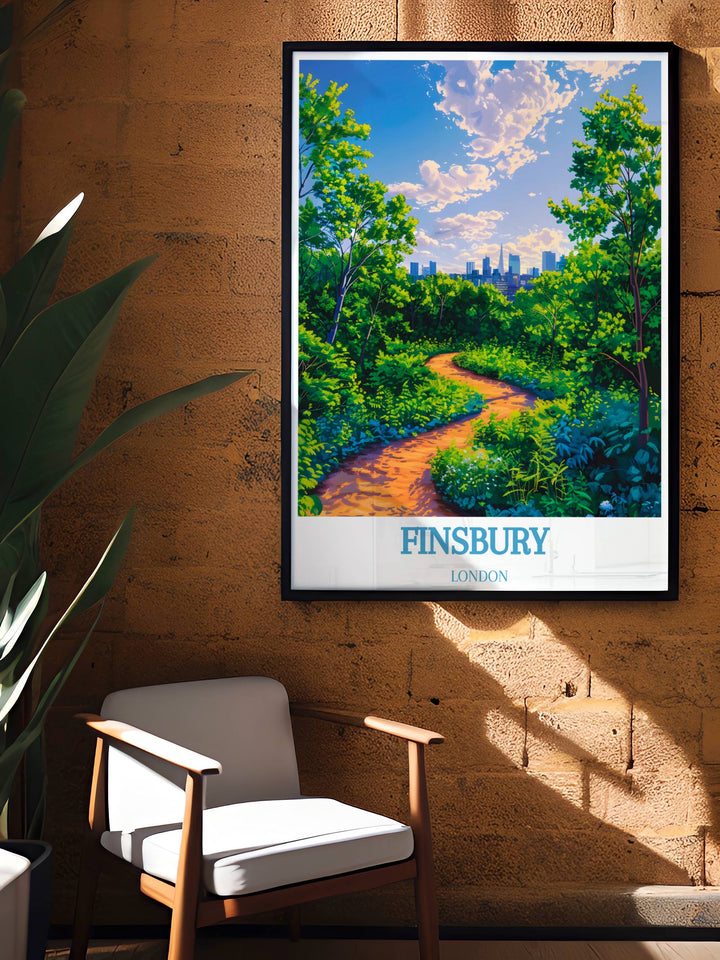 Add a sophisticated touch to your space with this Finsbury Park framed print. This vintage travel print showcases the parks historic charm, making it an ideal piece for those who appreciate classic and elegant art styles.