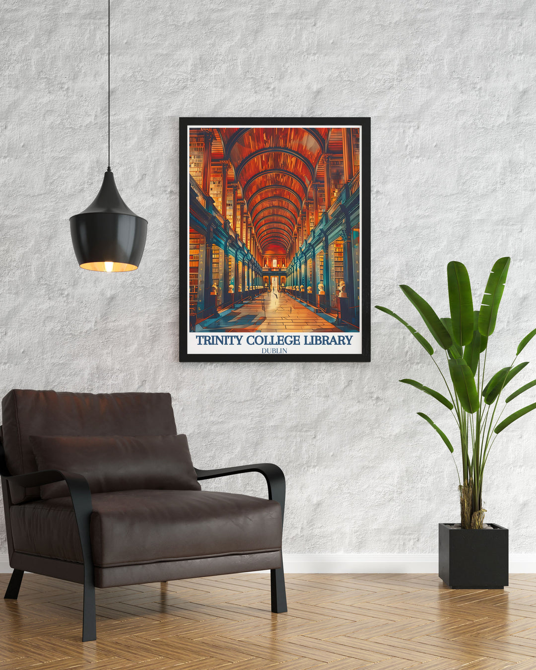 Beautiful Dublin travel poster highlighting Trinity College with the historic Old Room Long Room perfect for modern home decor and Ireland travel prints collection