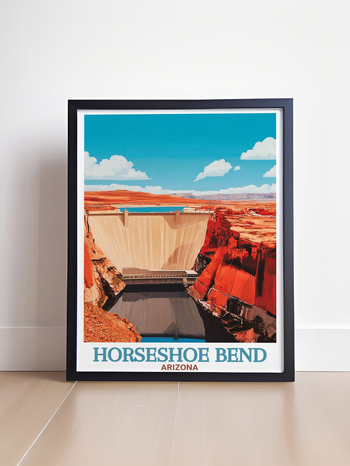 This Horseshoe Bend and Glen Canyon Dam poster captures the dramatic curve of the Colorado River and the impressive structure of the dam, offering a stunning representation of Arizonas natural and man made wonders, ideal for National Park art lovers.