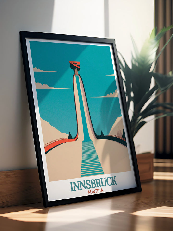 This Innsbruck travel print captures the thrill of the Bergisel Ski Jump and the grandeur of Austrias mountainous landscapes. Ideal for adventurers and ski enthusiasts, its a beautiful addition to any wall.