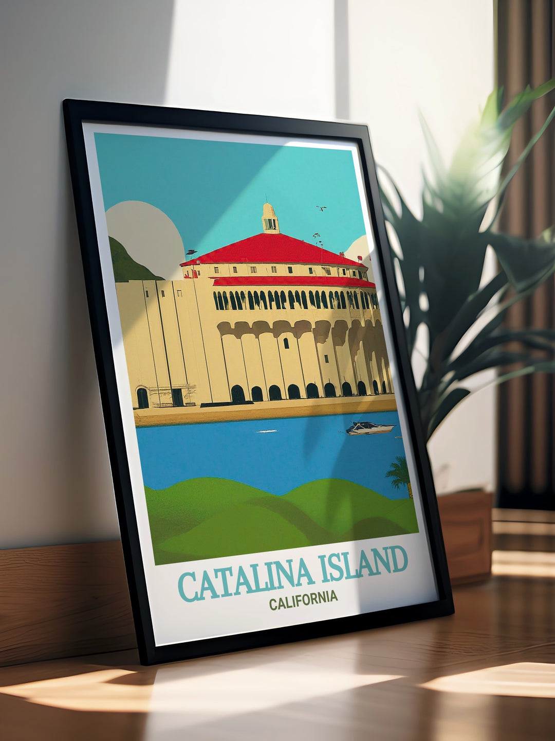 Capture the essence of a California getaway with this travel poster, featuring the iconic Catalina Casino and the stunning scenery of Catalina Island. Perfect for beach lovers and California enthusiasts.