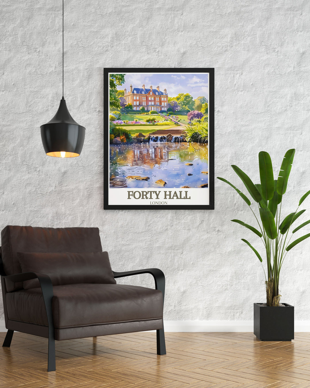 The beautiful gardens surrounding Forty Hall House are depicted, illustrating the lush greenery and tranquil ambiance of Forty Hill.