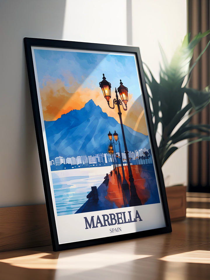 Marbella photography print depicting the lively scenes of Paseo Marítimo and the serene beauty of La Concha mountain making a perfect addition to modern decor