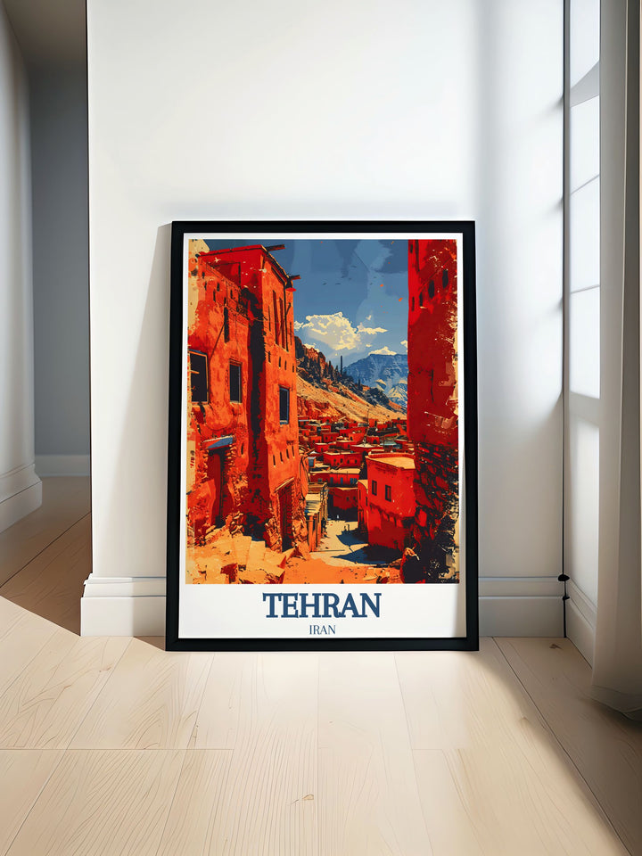 Tehran Art Print featuring the vibrant cityscape and the serene Abyaneh village Karkas Mountains backdrop ideal for modern living room decor and personalized gifts