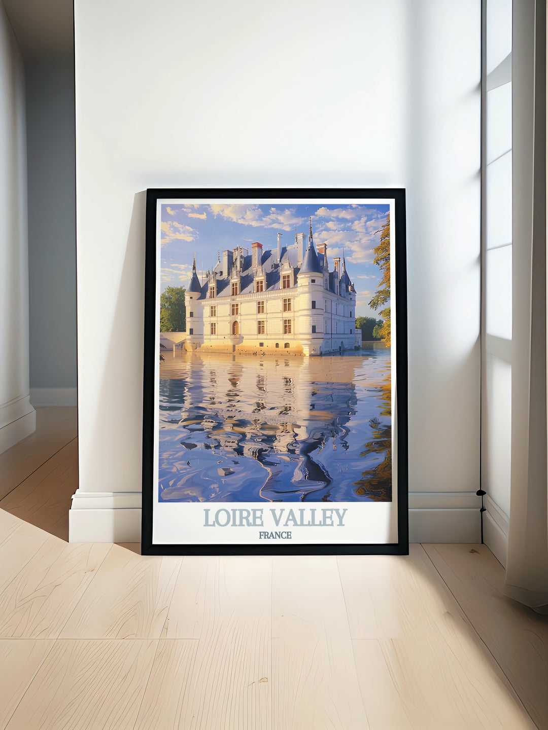 Explore the beauty of France with this Loire Valley travel print featuring the stunning Chateau de Azay le Rideau perfect for enhancing your home décor with a touch of elegance and history. This artwork brings the charm of the French countryside into any space.