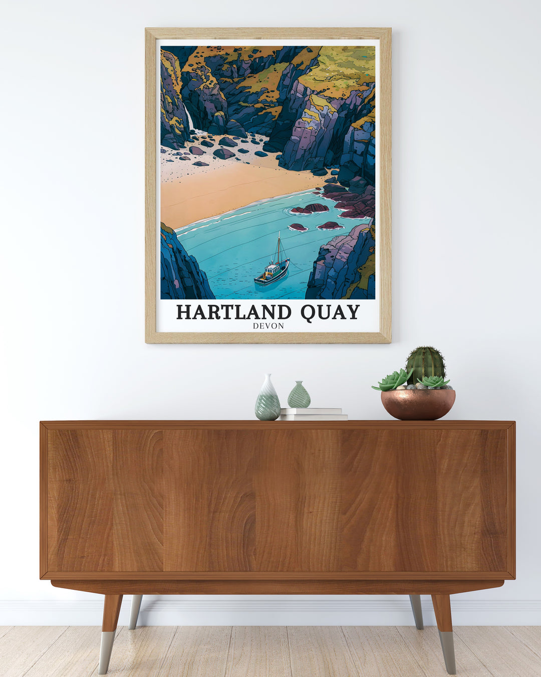 Hartland Quay travel print featuring the striking cliffs and rugged coastlines of Devon. This artwork brings the excitement of the sea and the tranquility of nature into your home, ideal for those who love coastal landscapes and outdoor adventure.