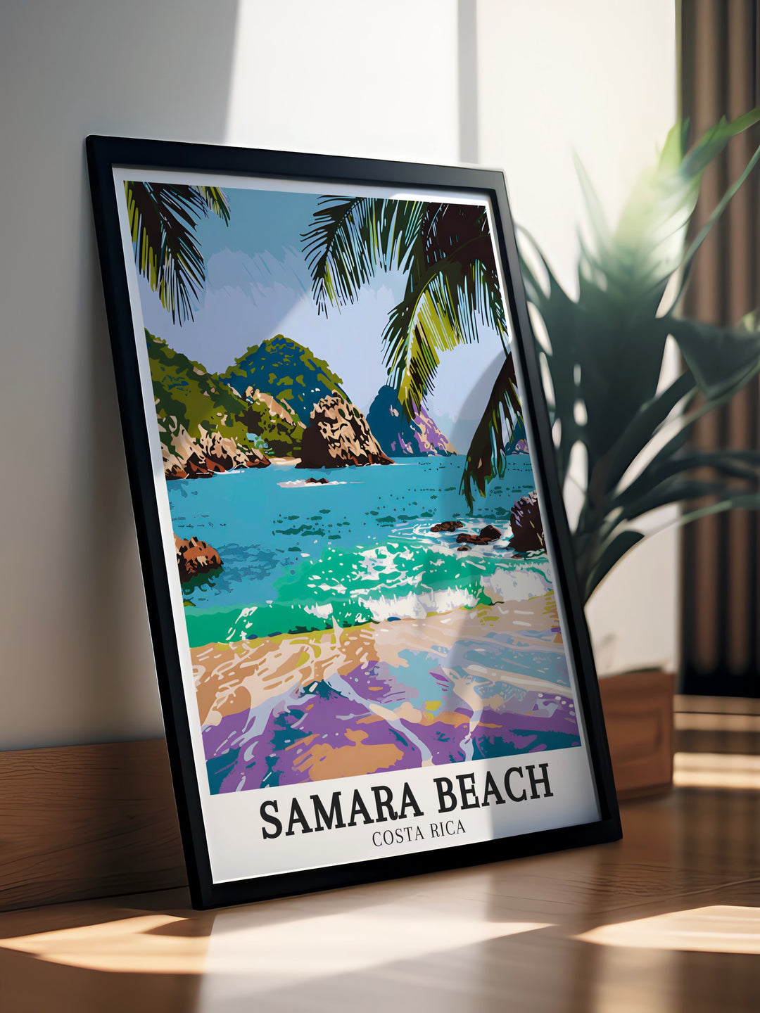 A detailed poster of Samara Beach, featuring its calm turquoise waters and golden sands, along with the scenic Isla Chora and the unique Whale Tails Rocks. This Costa Rica artwork is perfect for beach lovers and travel enthusiasts who want to bring the beauty of the tropics into their homes.