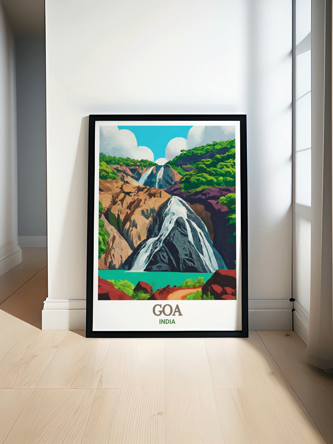 Goa travel poster featuring the stunning Dudhsagar Falls, one of Indias tallest waterfalls, surrounded by the lush forests of Goa. This artwork captures the majestic beauty of the cascading white waters, bringing the essence of Indias natural wonder into your home, perfect for nature lovers.