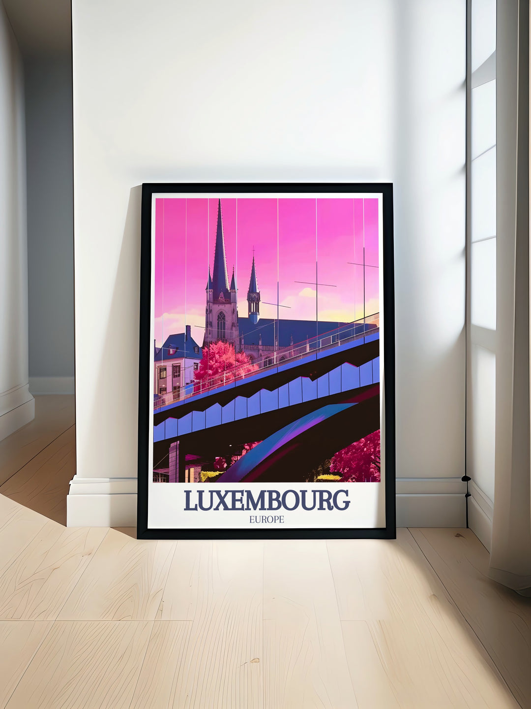 Luxembourg Vintage Poster features the timeless beauty of Notre Dame Cathedral and the iconic Adolphe Bridge, blending modern artistic design with historic landmarks. This artwork is a must have for anyone who loves travel and European architecture.