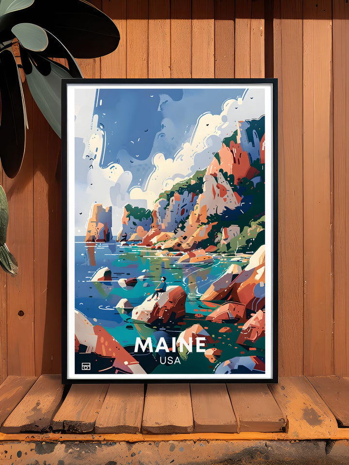 Highlighting the scenic beauty of Acadia National Park, this poster captures its lush forests and dramatic coastal views. Perfect for those who appreciate natural wonders and serene landscapes, this artwork brings the tranquility of Acadia into your home.