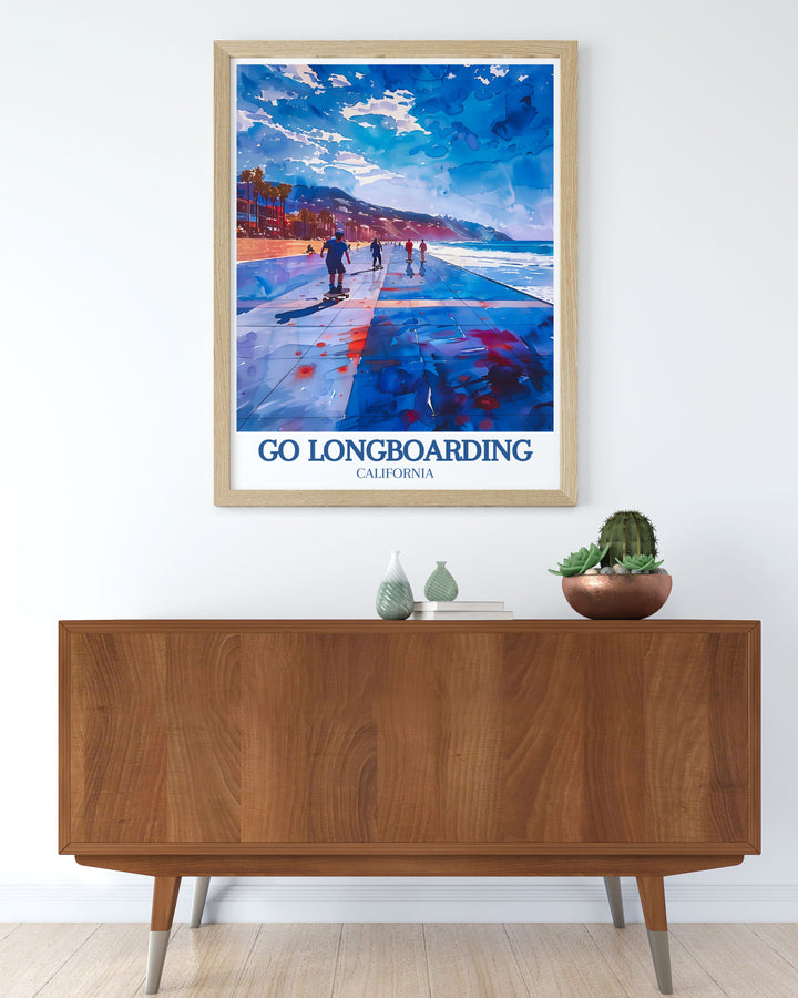 The Retro Skating Gift showcases the unique longboarding culture of Venice Beach. With the iconic boardwalk and Muscle Beach in the background, this print evokes nostalgia for skaters and fans of Californias surf scene.