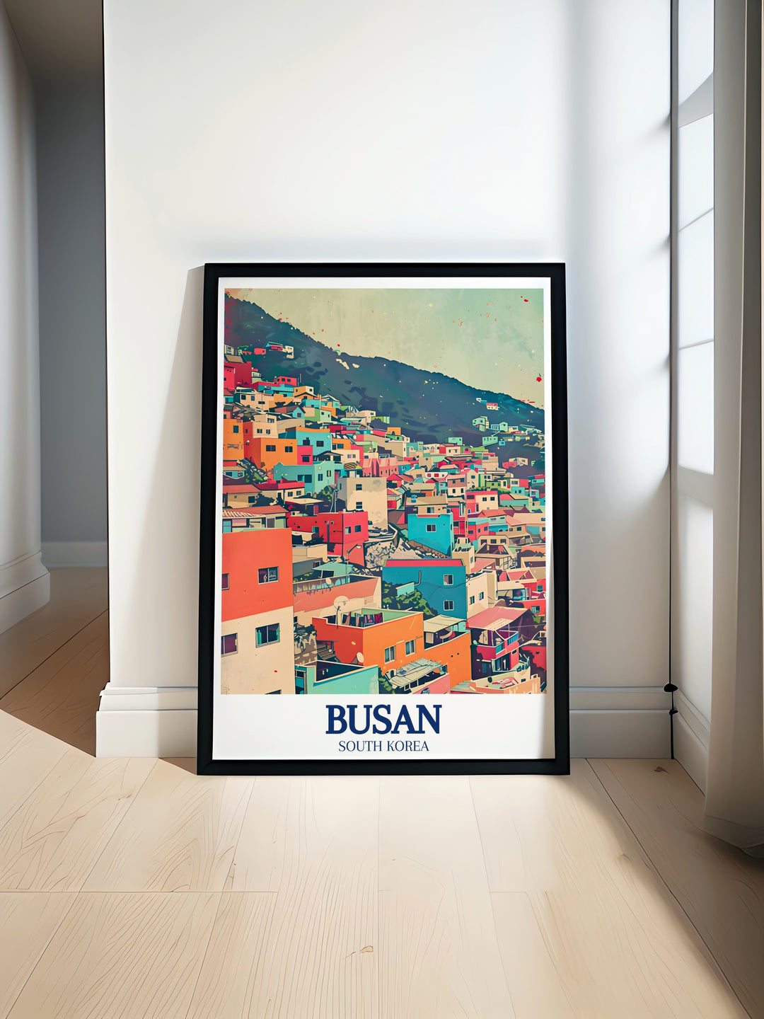 Beautiful Busan travel poster showcasing the vibrant colors of Gamcheon Culture Village Gamcheon dong with stunning South Korea wall art perfect for home decor featuring dynamic architecture and charming hillside streets.