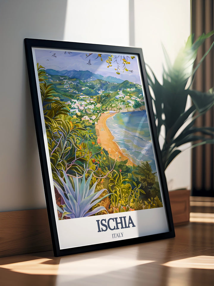 A vibrant and detailed art print of Ischias lush gardens and golden beaches. Perfect for travel lovers, this poster brings the serene beauty of Maronti Beach and Ischias Gardens into your home, ideal as a gift or décor.