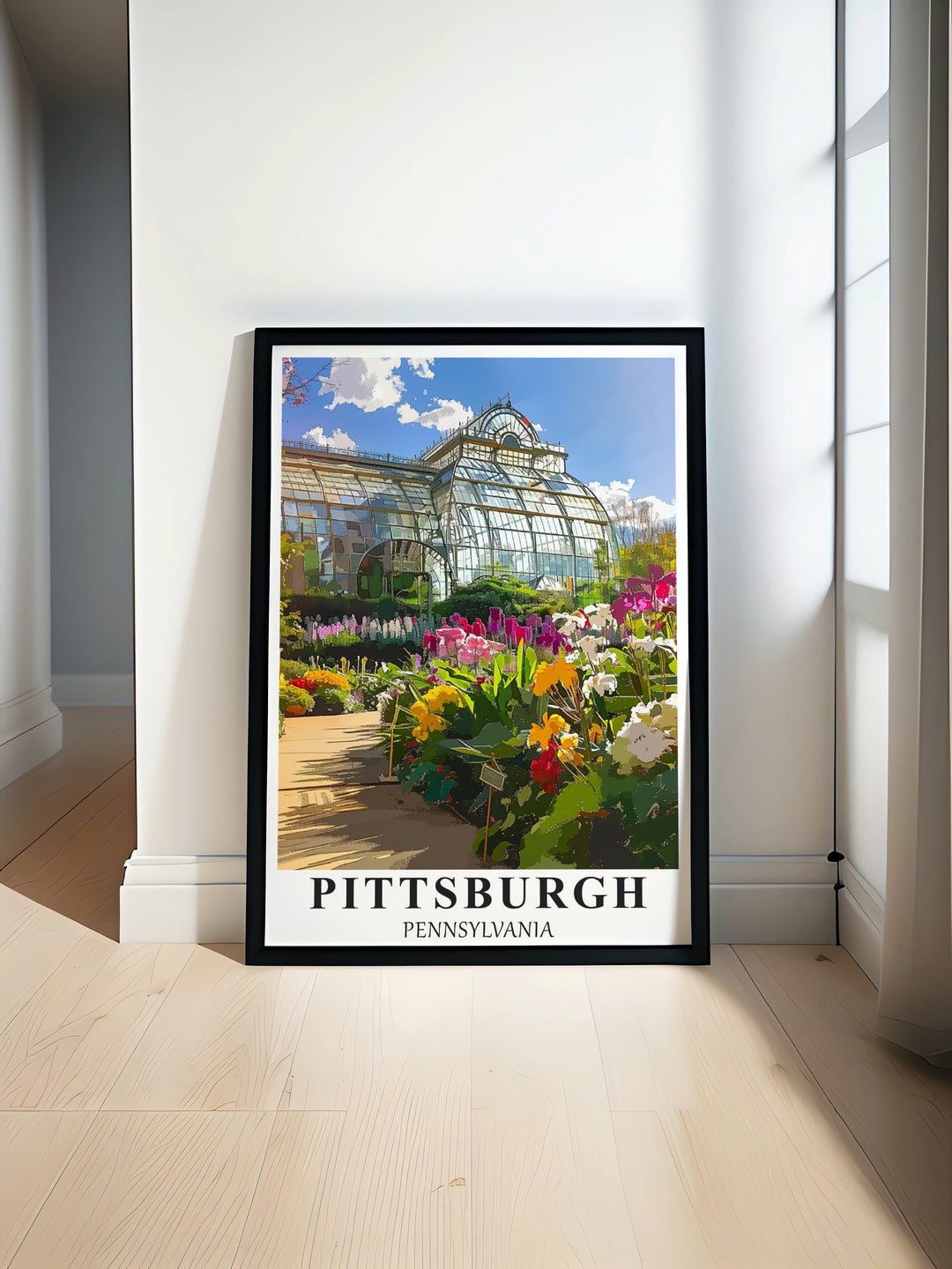 Matted art of Pittsburghs Phipps Conservatory with its lush gardens and glasshouse. This piece of wall décor beautifully captures the serenity of the botanical gardens, ideal for nature lovers and those with a passion for the citys history.