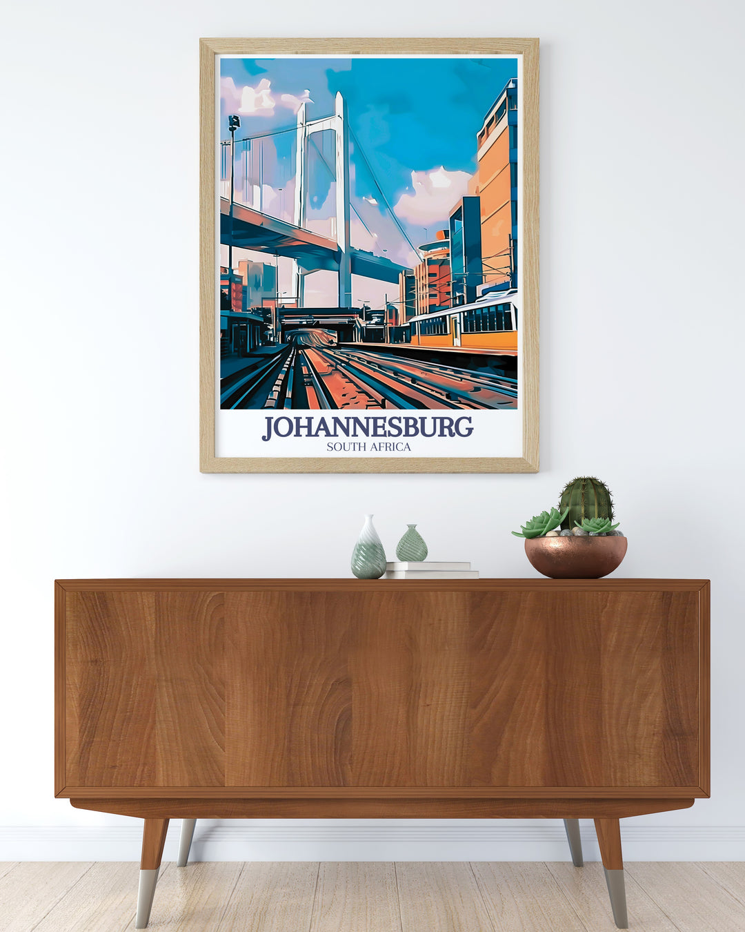 A vintage inspired Johannesburg poster featuring Nelson Mandela Bridge and Park Station. This print adds a touch of modern sophistication to your space while celebrating Johannesburgs iconic landmarks.