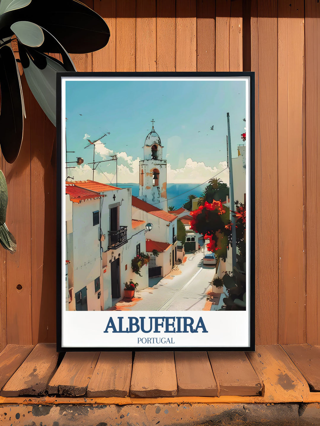 Retro travel poster of Albufeira, showcasing the timeless beauty of St Anna Church, perfect for those who appreciate historic landmarks and Portuguese culture.