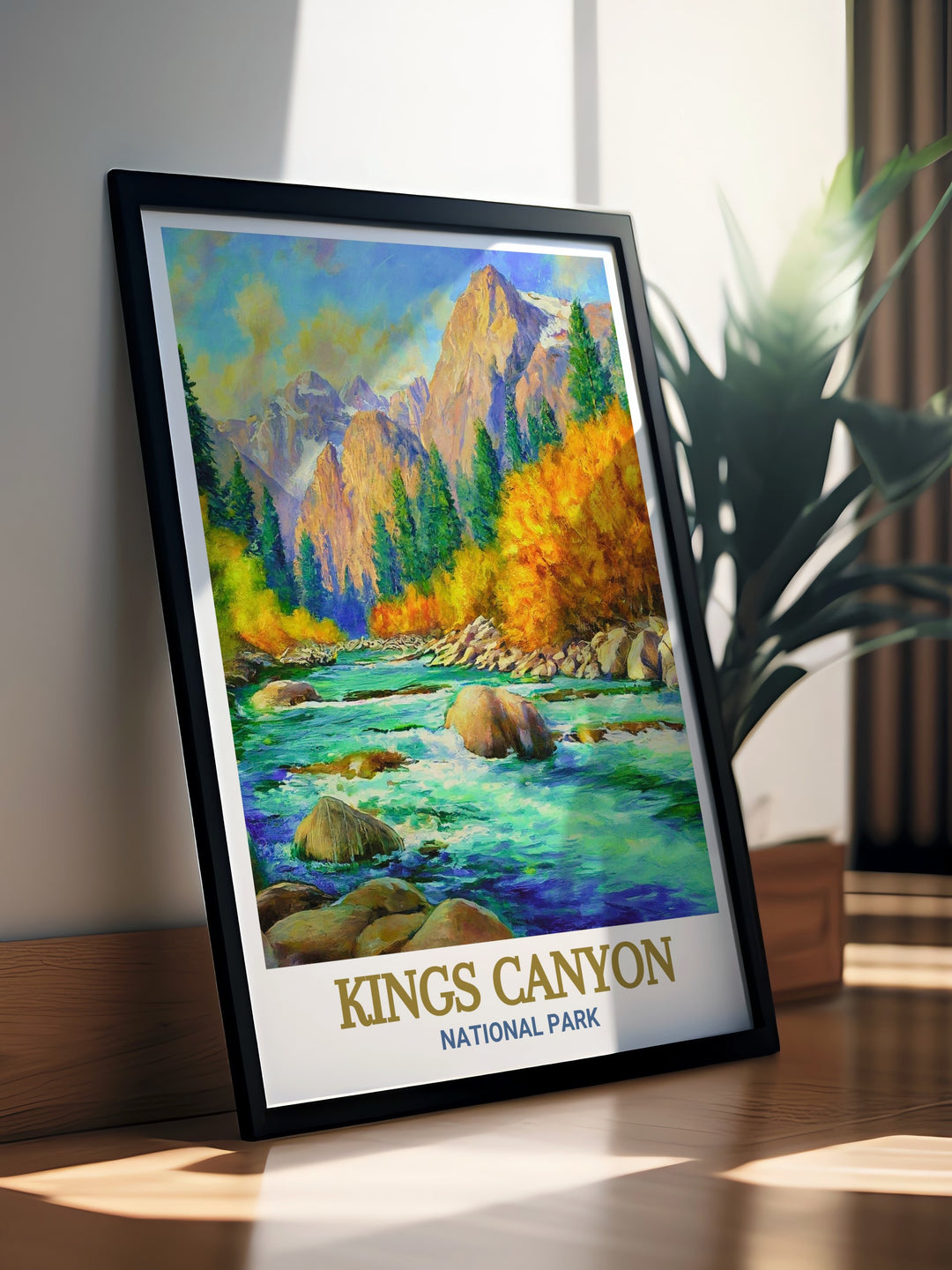 Kings Canyon travel poster with an iconic view of the Kings River. This wall print captures the natural beauty of the canyons rugged landscape, making it a perfect piece for anyone who wants to bring the tranquility of the outdoors into their home.