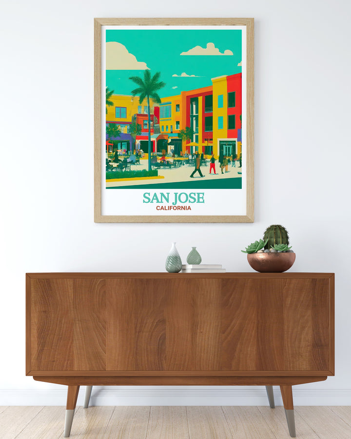 Travel print featuring Santana Rows lively atmosphere and modern architecture, bringing the charm of San Joses most popular destination into your home or office space. A perfect piece for anyone who loves Californias urban elegance.