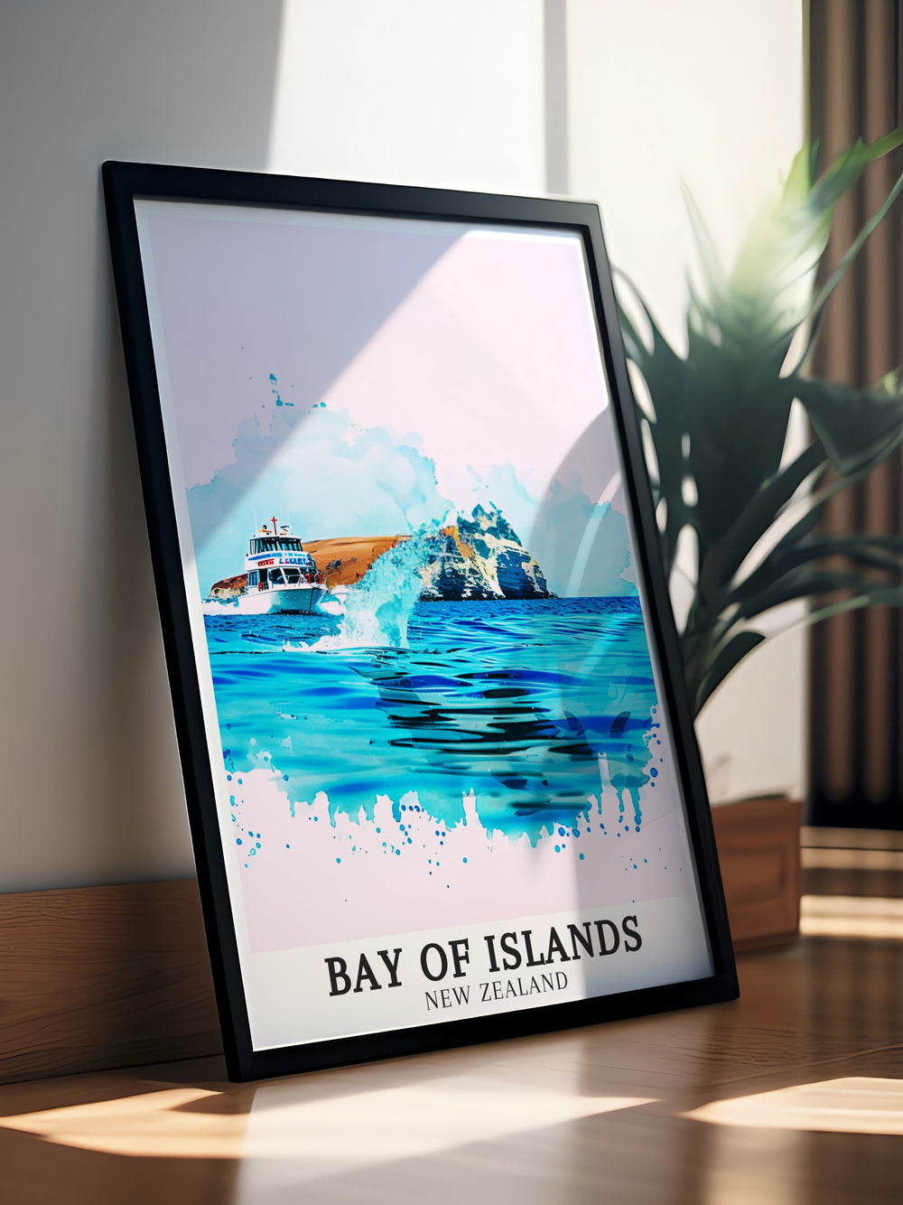 New Zealand Print of the Bay of Islands with Marine Reserve Motukokako Island offering a beautiful depiction of this natural wonder ideal for adding a touch of New Zealand decor to your home creating an elegant and captivating atmosphere in any room.