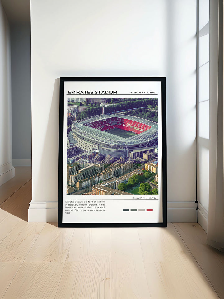 Modern wall decor highlighting Emirates Stadium, capturing the dynamic environment and stunning architecture.