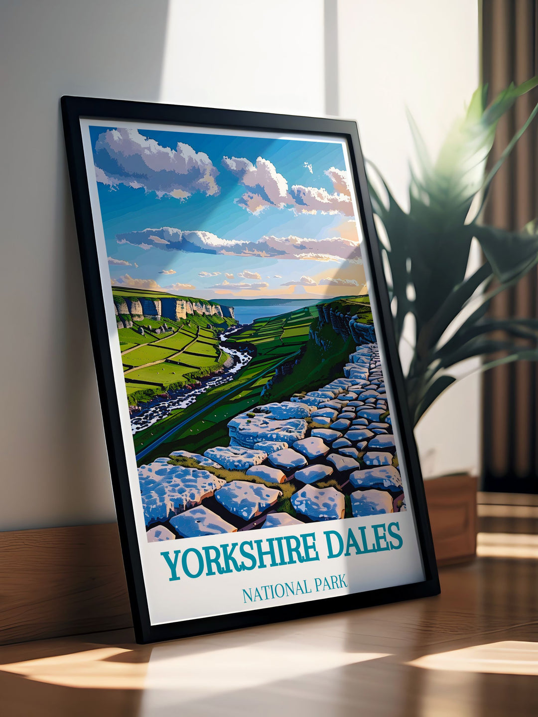 Bring the beauty of Malham Cove into your living space with this Yorkshire Dales National Park print featuring detailed artwork of the regions most iconic landmarks including the Ribblehead Viaduct and the legendary Flying Scotsman steam locomotive.