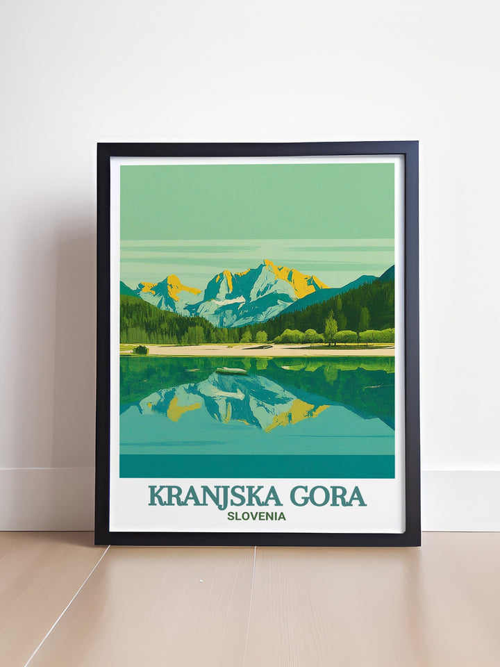 Captivating Lake Jasna wall decor featuring the serene waters and majestic mountains of Kranjska Gora. The vibrant colors and intricate details of this print celebrate the beauty and tranquility of Lake Jasna, making it a meaningful addition to any living space.